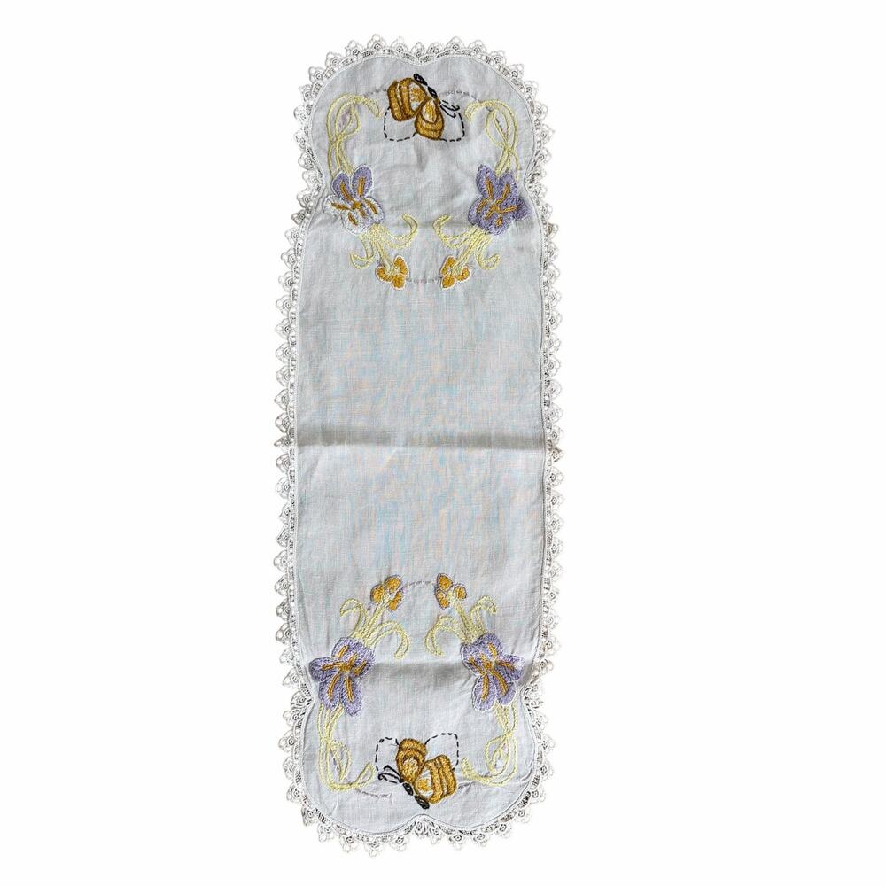 Vintage Embroidered Linen Dresser Scarf Table Runner Bee Floral 35x12.5